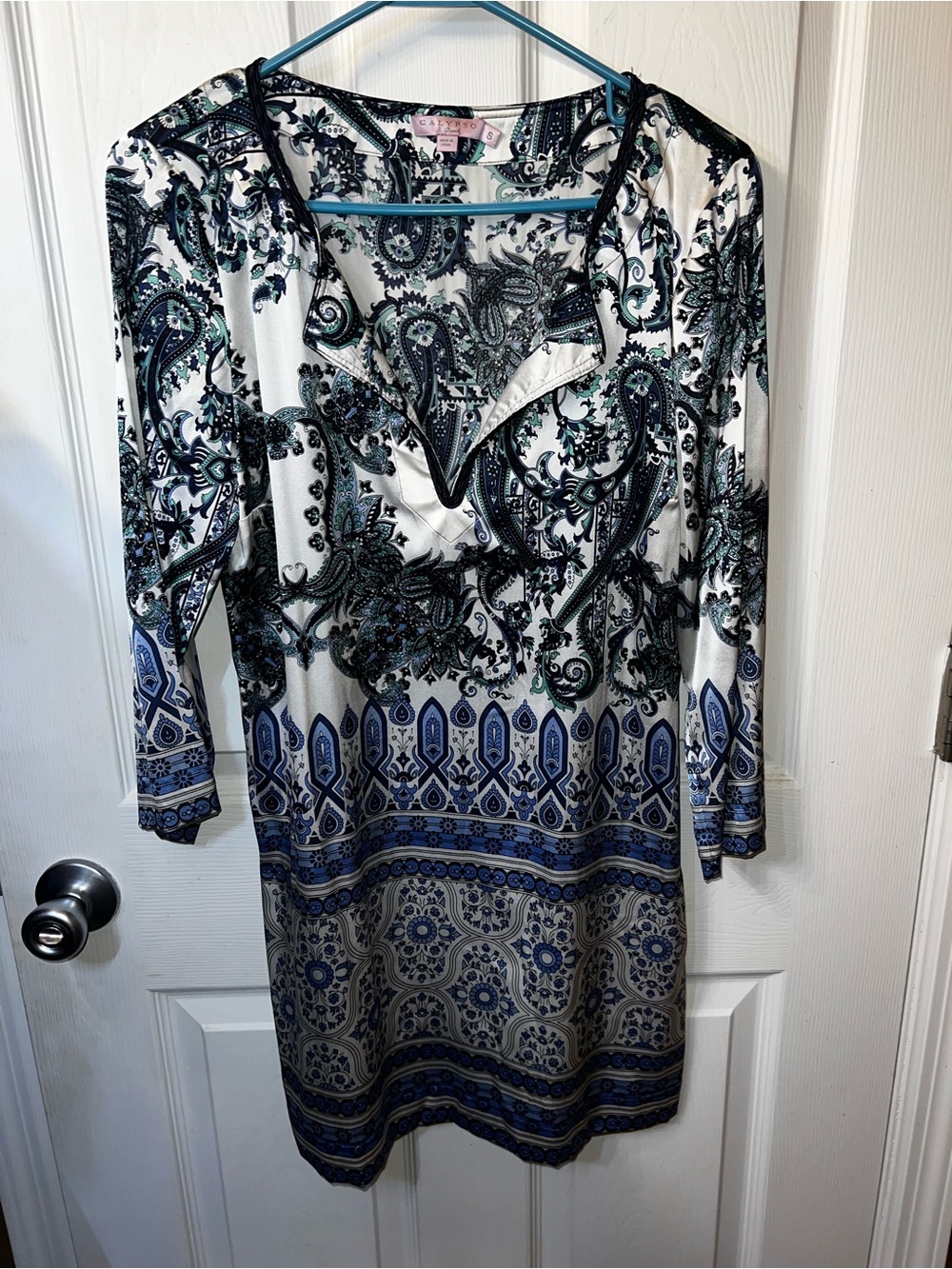 CALYPSO ST BARTH Blue White Silk Paisley Border Print Tunic Dress S